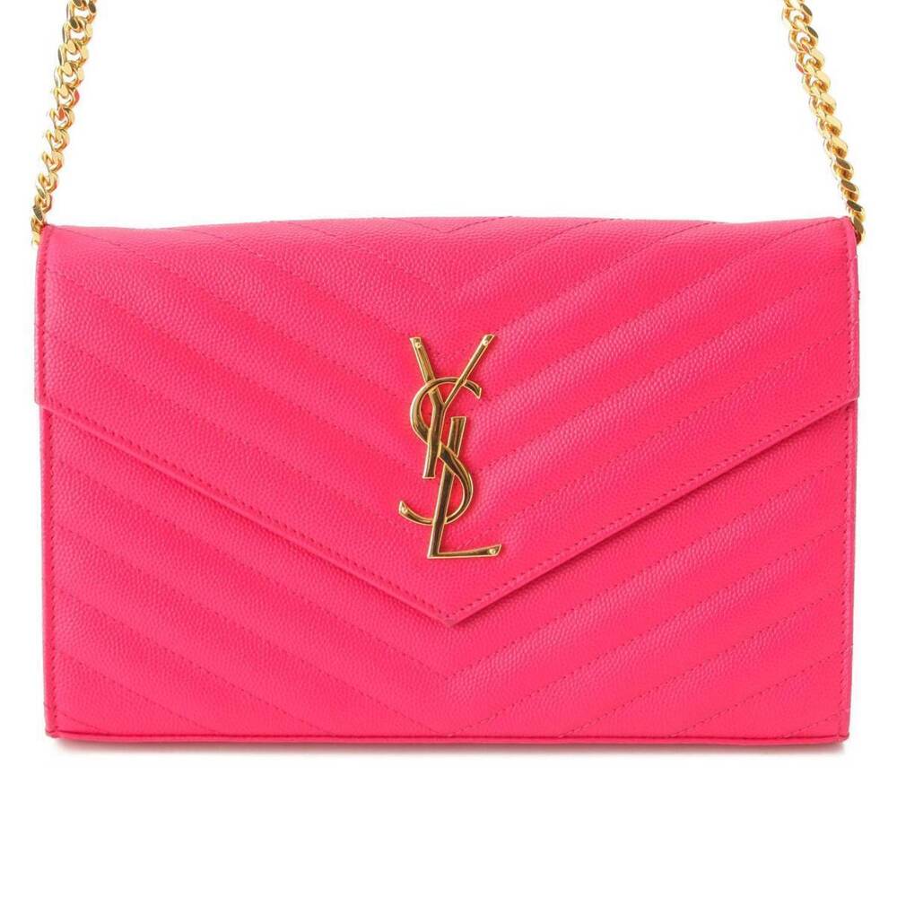 Saint Laurent Logo Monogram Leather Chain Wallet Shoulder Bag Pink